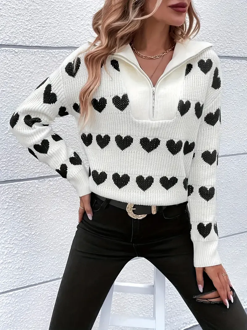 Heart Pattern Half Zip Sweater, Casual Long Sleeve Drop Shoulder Sweater, Women's Clothing