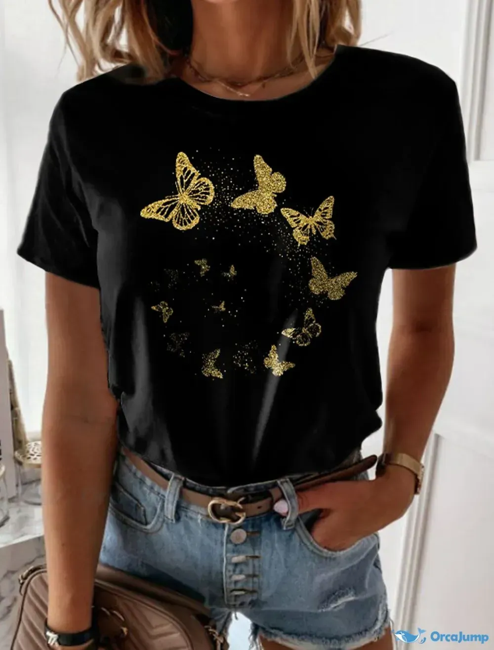 Women's T-Shirt Tee with Short Sleeves and Round Neckline Featuring a 3D Butterfly Painting Print in Green, Blue,