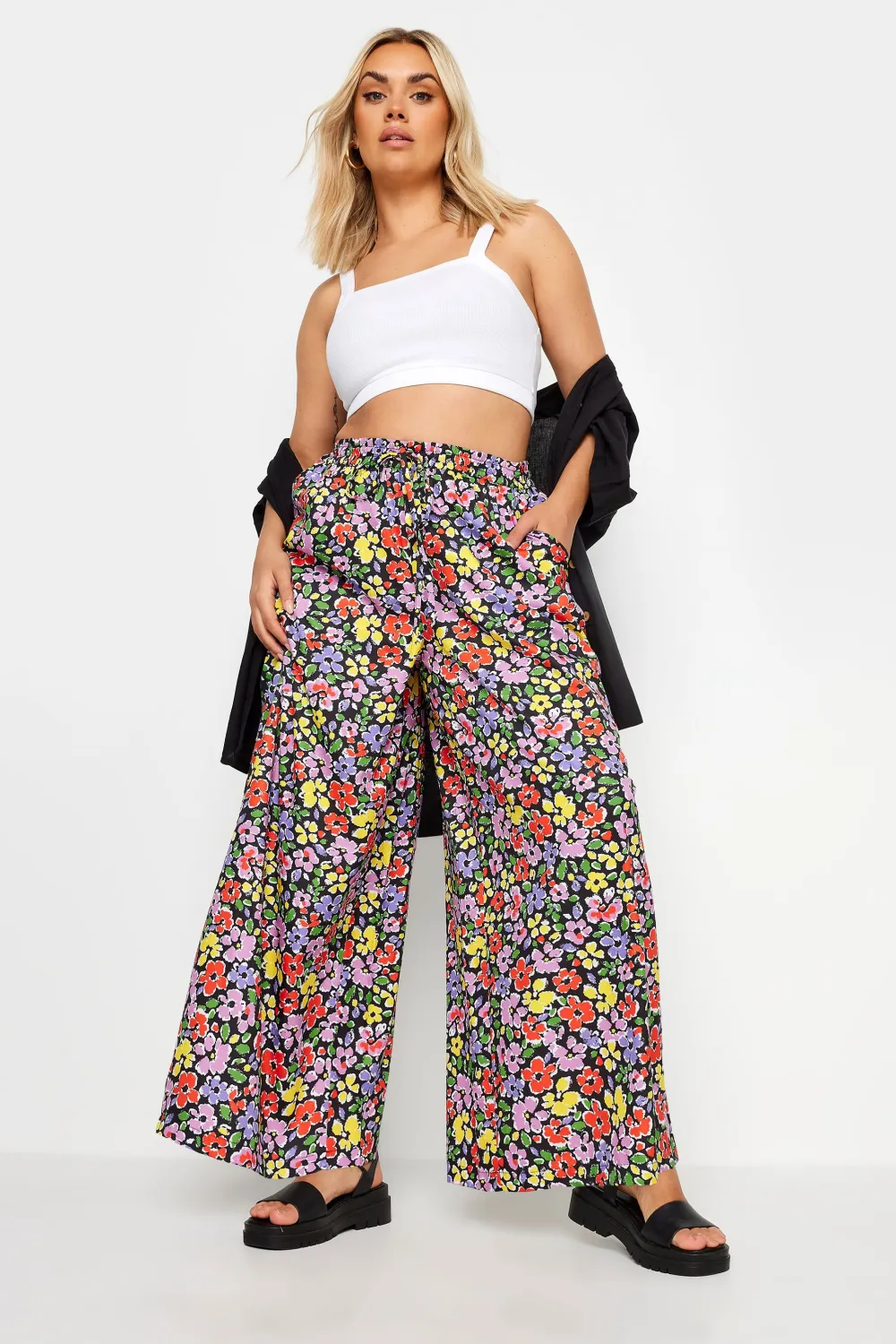 YOURS Curve Blue Abstract Print Drawstring Wide Leg Trousers