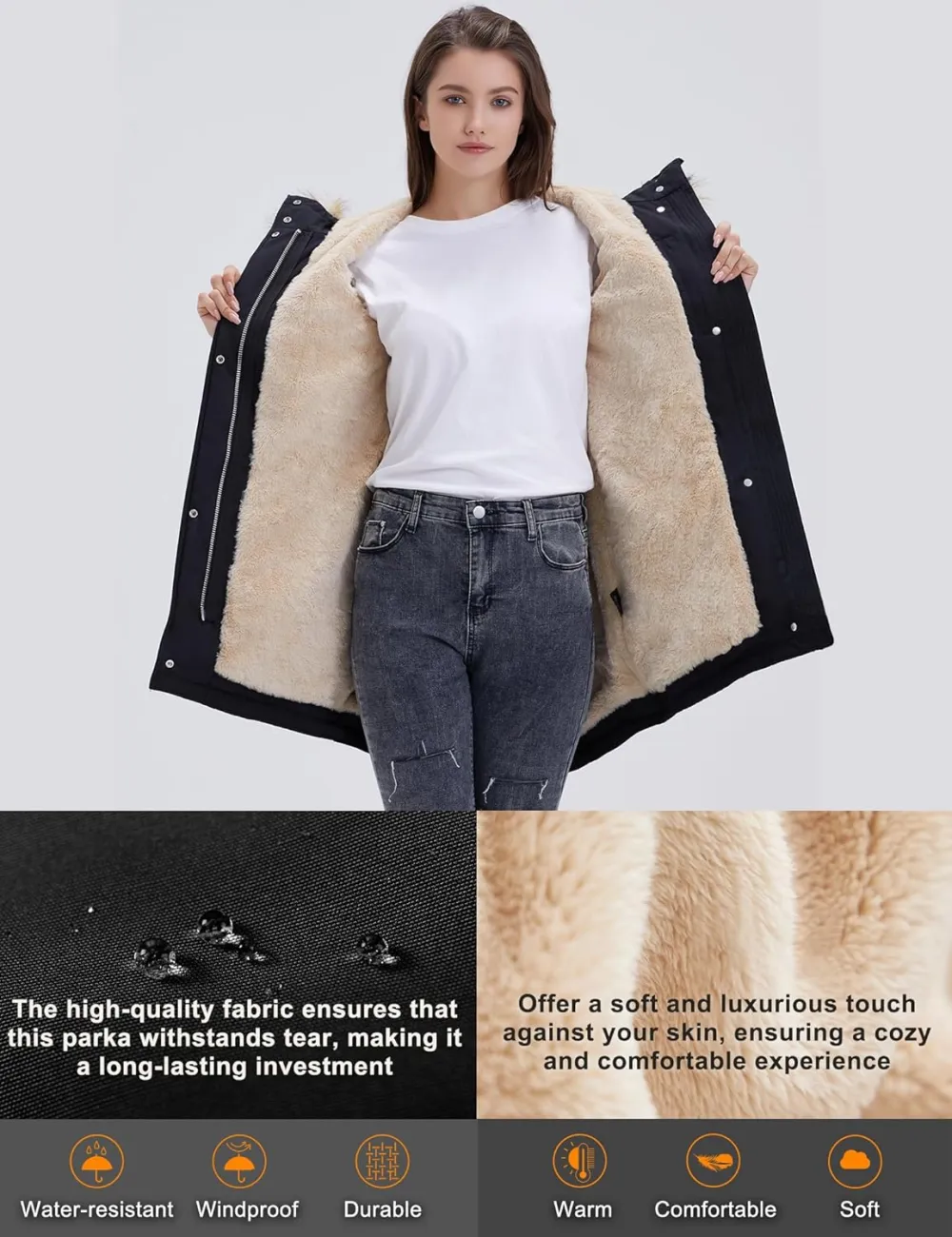 Women's Winter Coats Fleece Lined Parka Jacket Hooded Long Winter Warm Parka Coat with Pockets