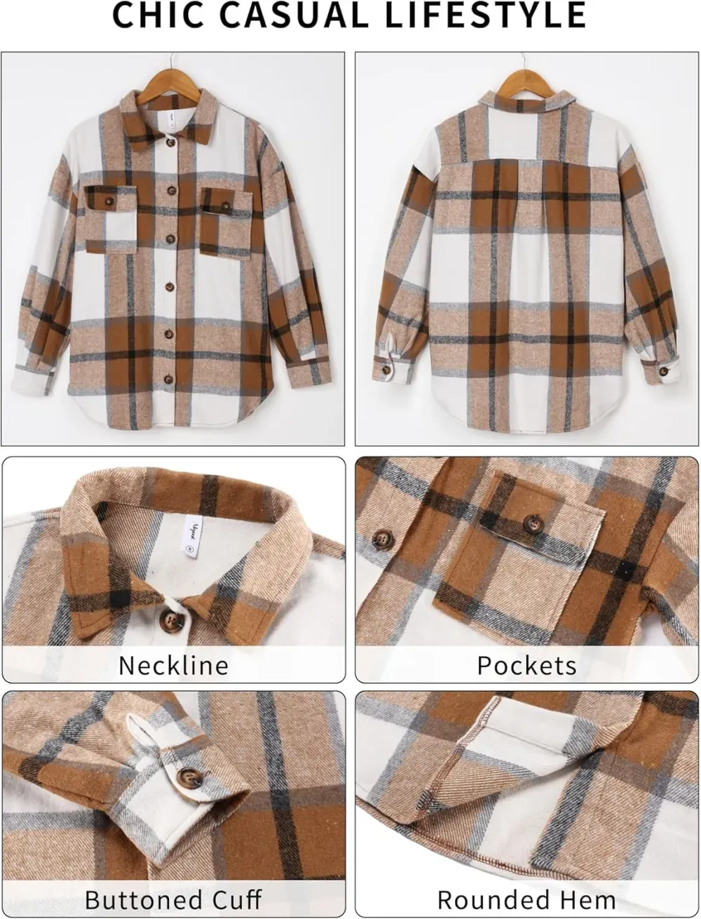 Women's Casual Plaid Flannel Shacket Jacket Oversized Button Down Long Sleeve Fall Shirts Jacket Lapel Coats Tops