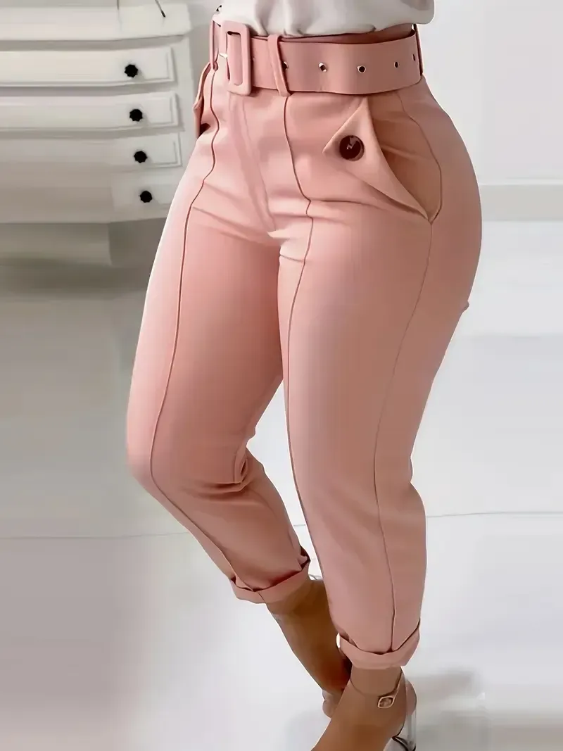 Skinny Leggings Pants - Solid Belted, Slant Pocket Button, Casual Every Day - Women's Clothing