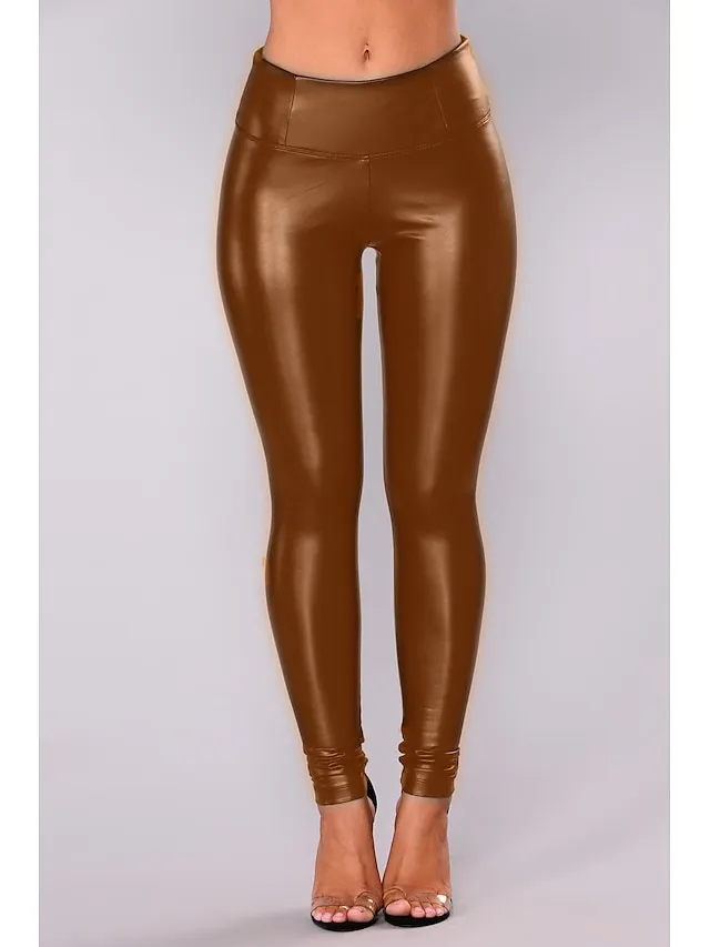 Women's Skinny Ankle-Length PU Artificial Leather Stretchy Mid Waist Streetwear Basic Party Daily Black Army Green S M Winter Spring &  Fall