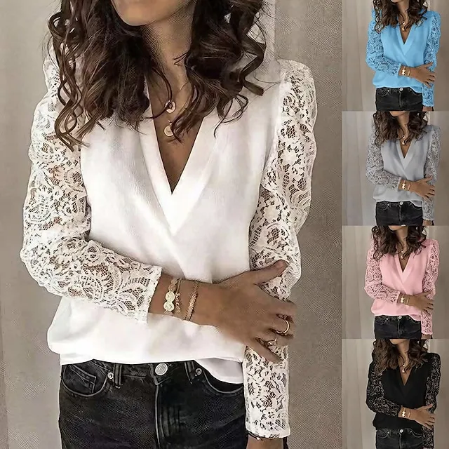Blouse Women's Black White Pink Solid / Plain Color Lace Patchwork Street Going out Daily Elegant & Luxurious V Neck S