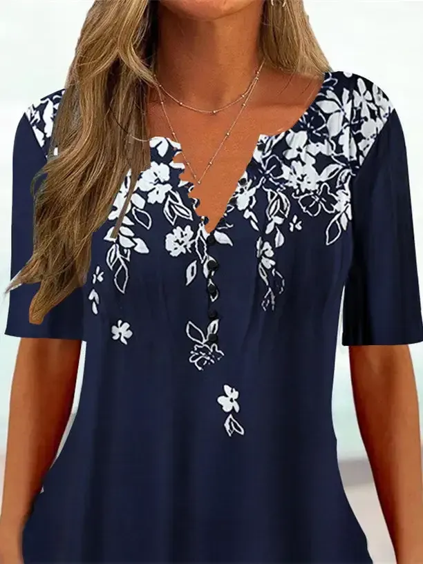 Women Half Sleeve V-neck Floral Printed Tops