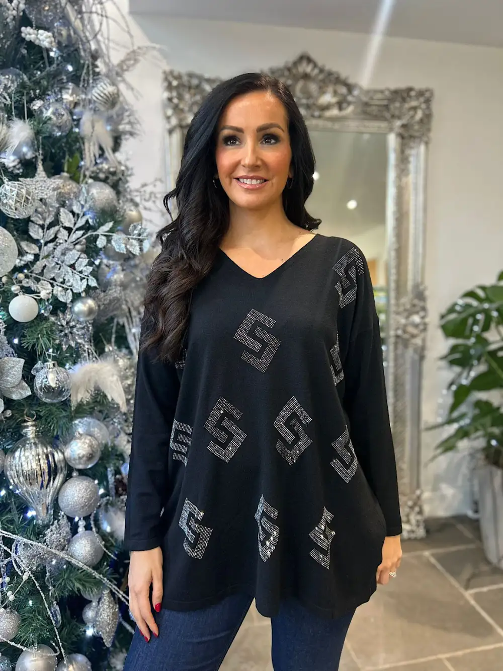 Black Diamante Greek Key Knit Gail