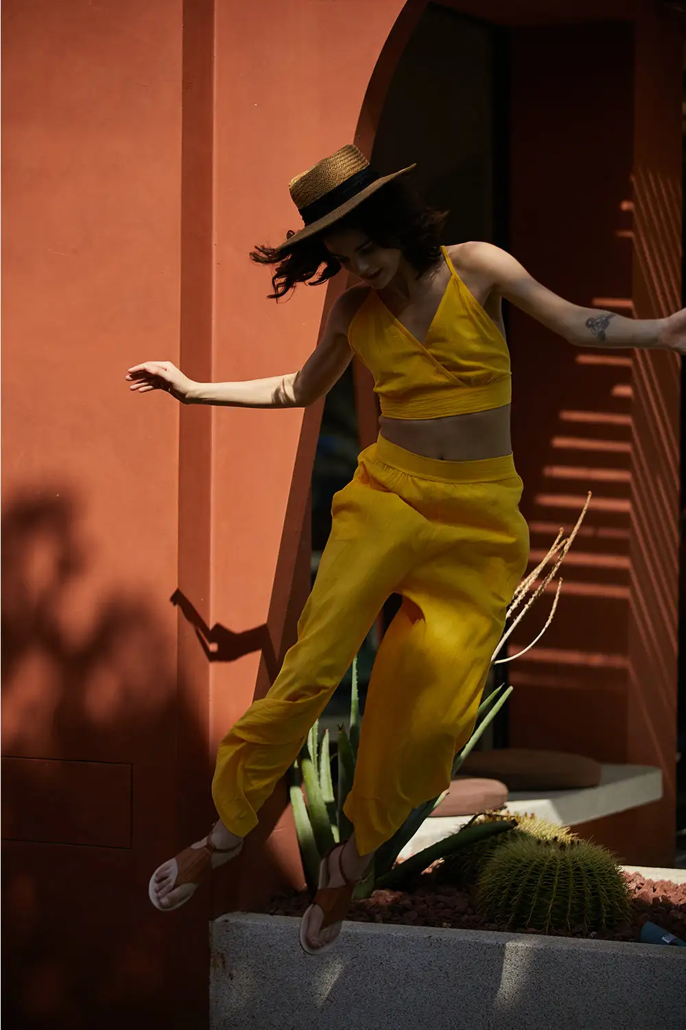 Spaghetti Strap Camisole Crop Top Casual Wide Leg Long Pants Linen Set