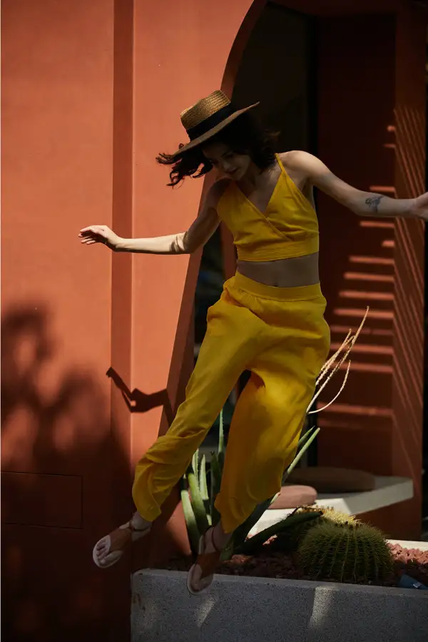 Spaghetti Strap Camisole Crop Top Casual Wide Leg Long Pants Linen Set