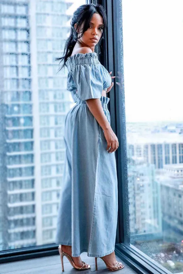 Denim Off Shoulder Half Sleeve Crop Top Elastic Waist Wide Leg Pants Matching Set-Light Blue