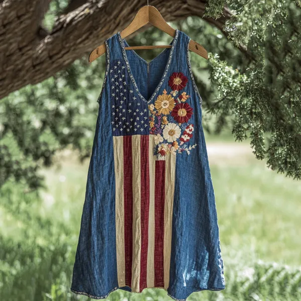 Women's Independence Day Floral Embroidered V-neck Tank Midi Dress