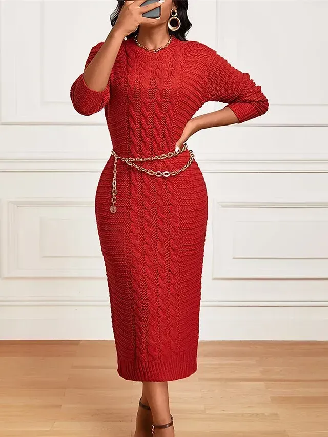 Women's Sweater Dress Crew Neck Ribbed Knit Polyester Knitted Fall Winter Long Outdoor Daily Going out Stylish Casual Soft Long Sleeve Pure Color Black Yellow Wine S M L