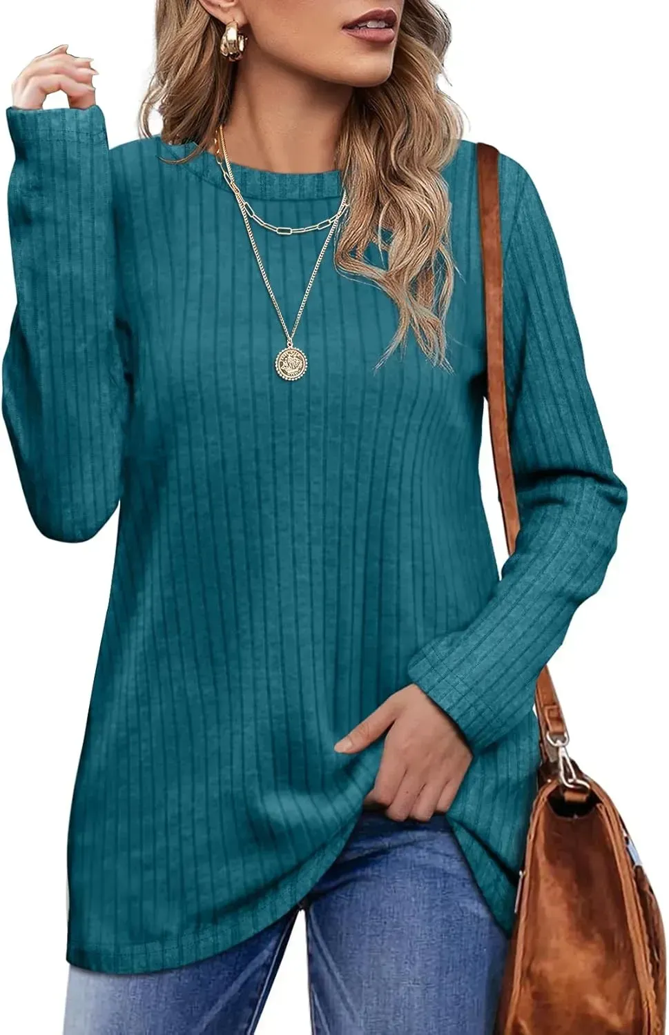 OFEEFAN Long Sleeve Shirts for Women Lightweight Crew Neck Casual Tunic Tops