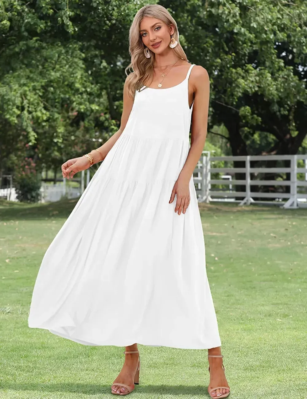 Summer Dresses for Women Casual Loose Bohemian Floral Dress with Pockets Spaghetti Strap Maxi Dress E75