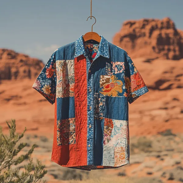 Men's Independence Day America Blue Red With Floral Pattern Art Casual Short Sleeve Shirts