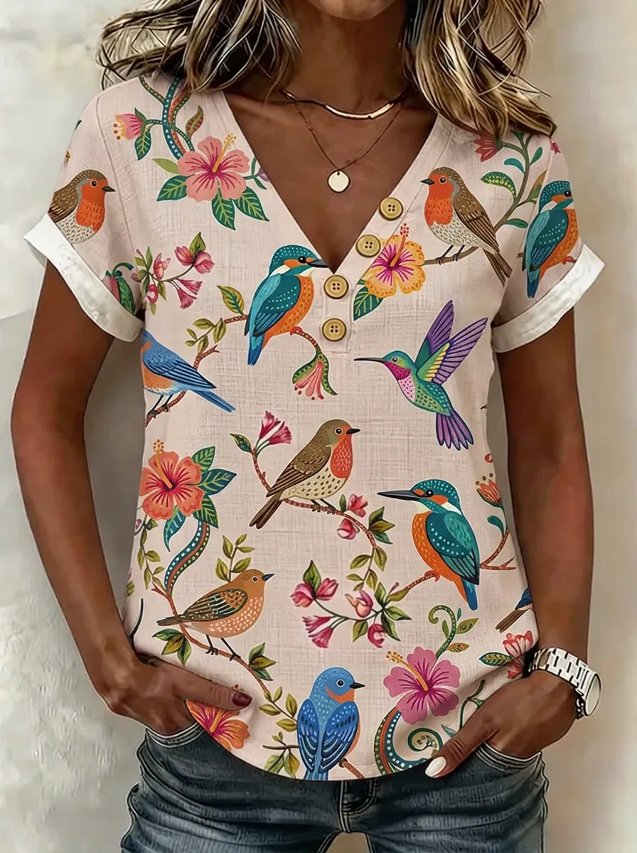 Women's Bird and Floral Nature Lover Printed V-neck T-shirt