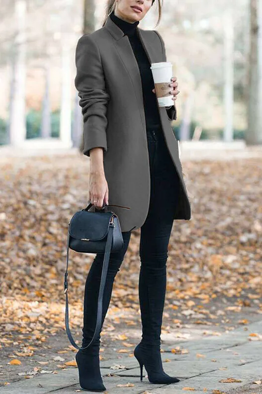 Solid standing collar slim long faux woolen coat