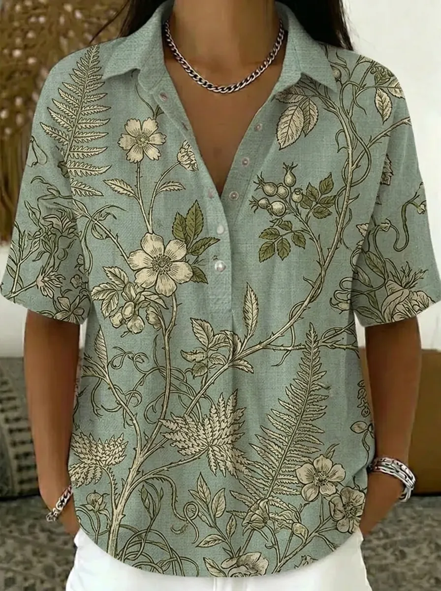 Women's Nashville Botanical Floral Printed V-Neck Polo Shirt