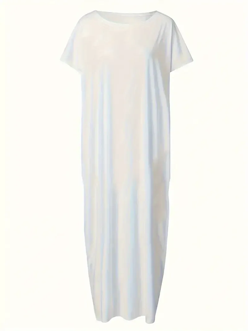 Plus Size Solid Slant Shoulder Pocket Dress, Vacation Style Short Sleeve Long Length Dress For Spring & Summer, Women's Plus Size Clothing