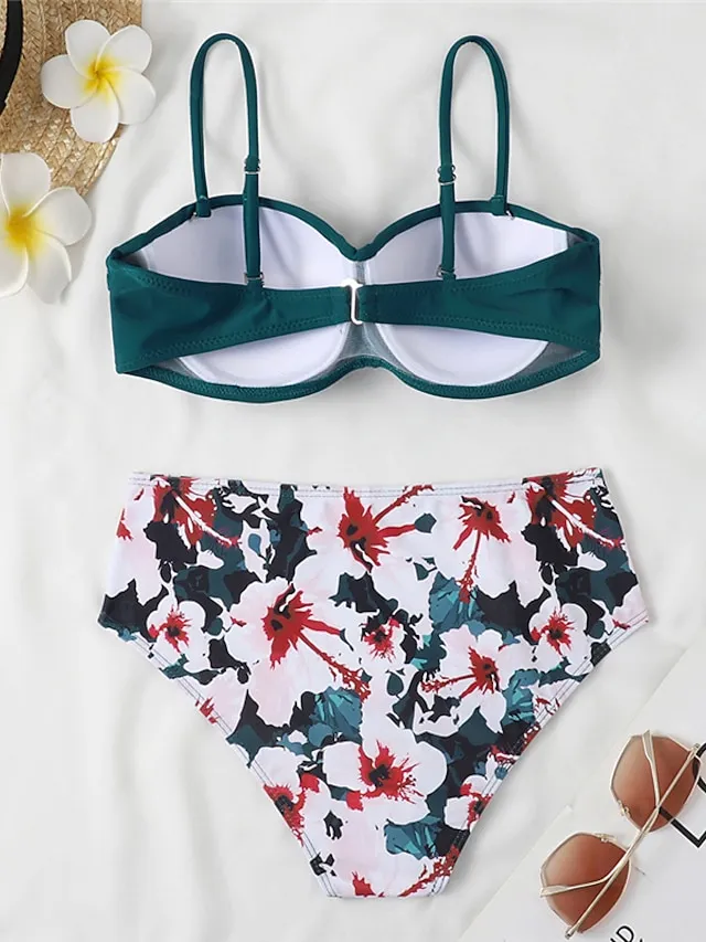 Women's Swimwear Bikini 2 Piece Normal Swimsuit 2 Piece Open Back Sexy Printing High Waisted Floral Leaves Black Yellow Navy Blue Royal Blue Blue Strap Bathing Suits Sexy Vacation Fashion