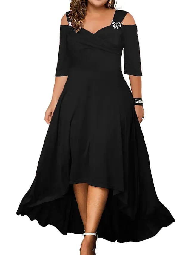 Women‘s Plus Size Curve Party Dress Swing Dress Formal Dress Solid Color Midi Dress Half Sleeve Hollow Out Plus High Low V Neck Elegant Party Black White Summer Spring L XL XXL 3XL 4XL