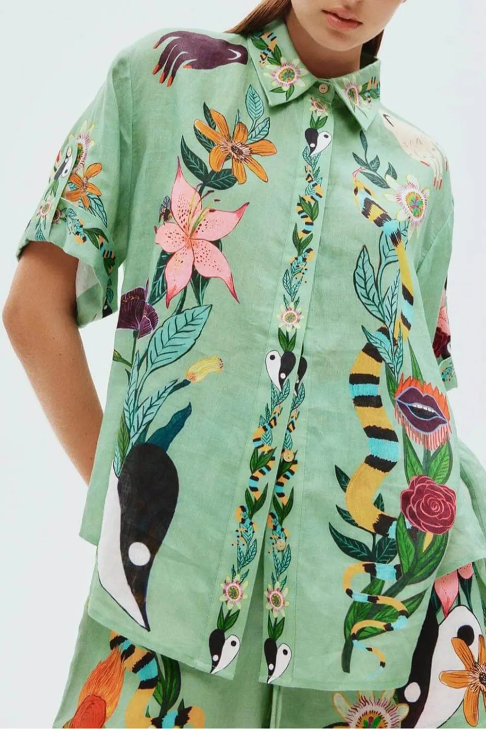 unique ethnic print loose shirt and shorts two piece set
