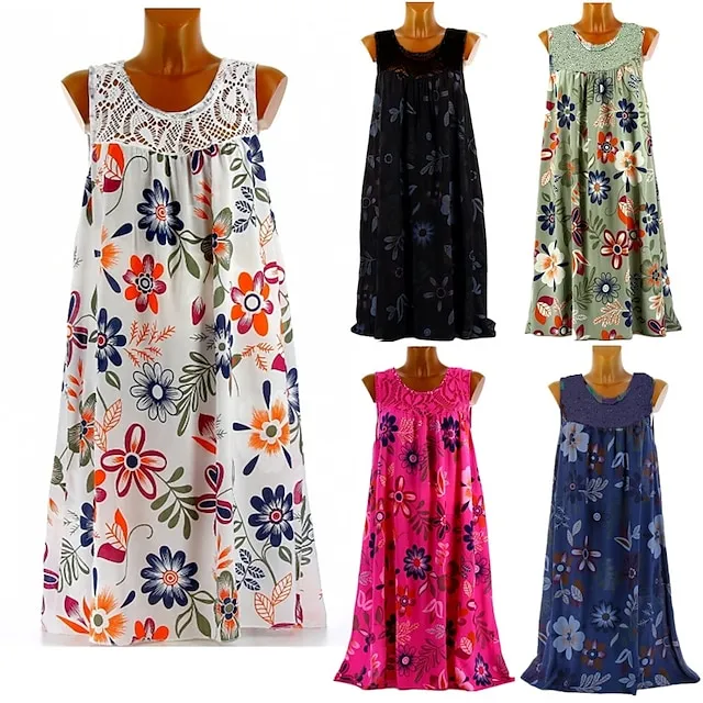 Women‘s Shift Dress Knee Length Dress White Black Army Green Fuchsia Navy Blue Sleeveless Floral Print Spring Summer Round Neck Hot Casual Boho Loose 2023 M L XL XXL 3XL 4XL 5XL