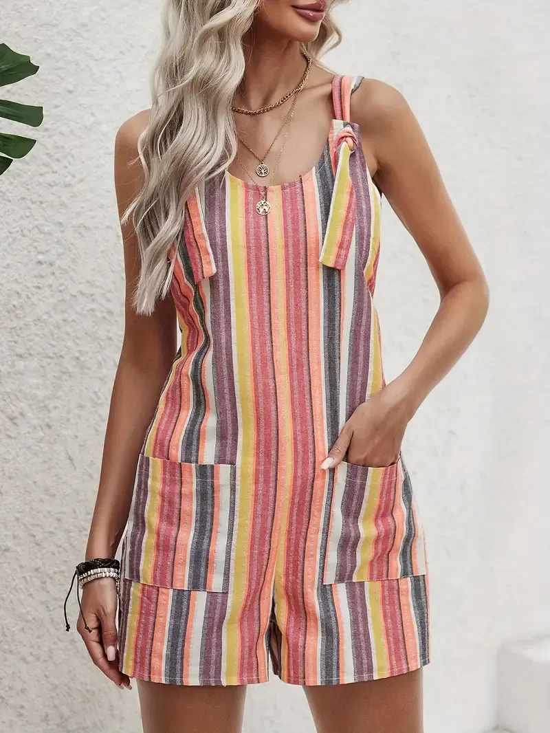 Striped Wide Strap Romper, Vacation Style Pockets Jumpsuit For Spring & Summer, Women's Clothing