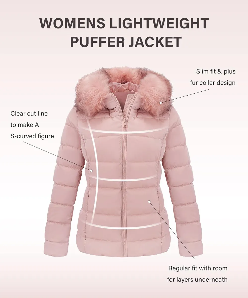 Womens Lightweight Puffer Jacket, Winter Coats for Women Warm Quilted Bubble Padded Hood Coat with Faux Fur Collar
