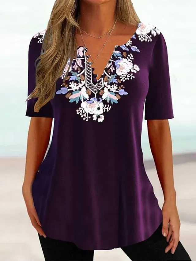 Women's T shirt Tee Black Pink Blue Floral Butterfly Button Print Short Sleeve Casual Basic V Neck Regular Floral Butterfly S