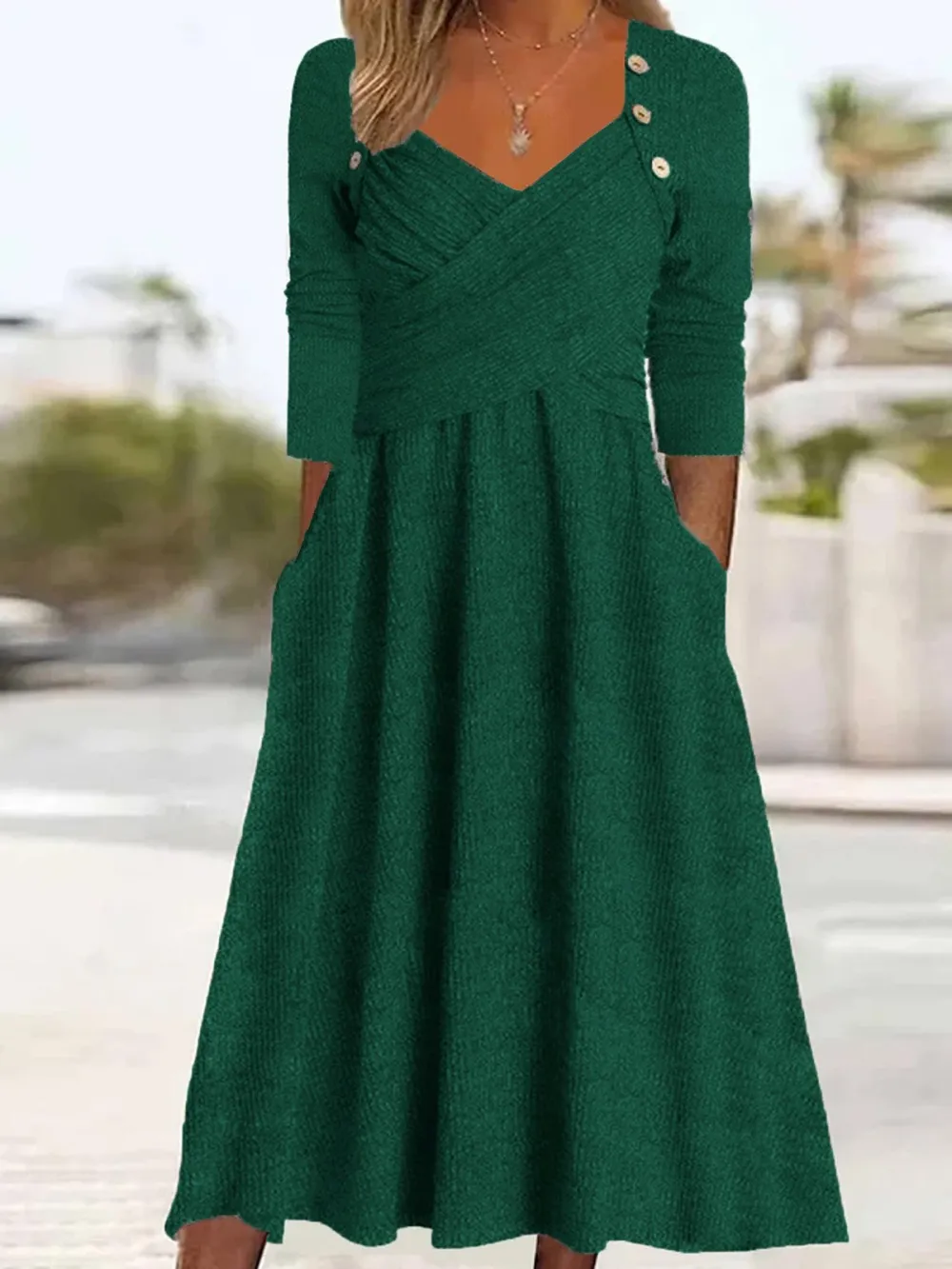 Women Plain Sweetheart Neckline Long Sleeve Comfy Casual Buckle Maxi Dress