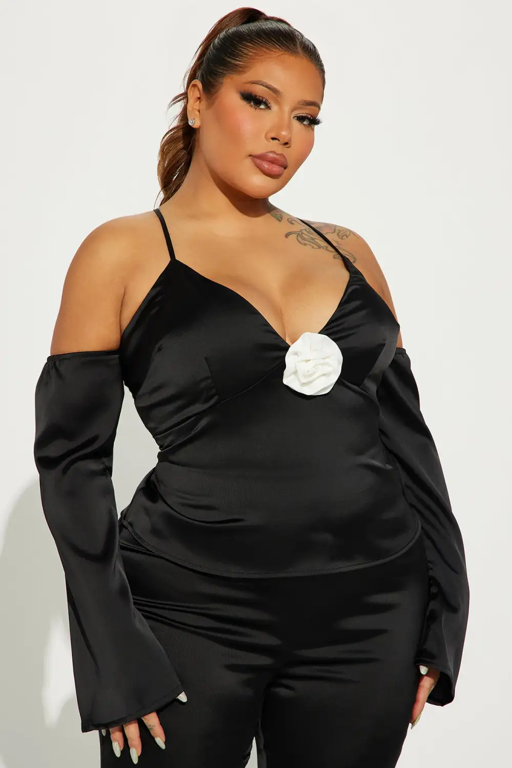 Soft Mood Satin Long Sleeve Cami - Black/White