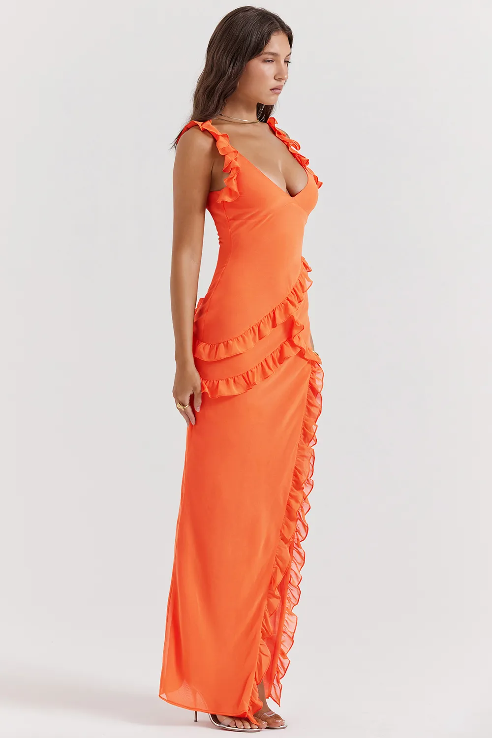 FLAME ORANGE RUFFLE MAXI DRESS