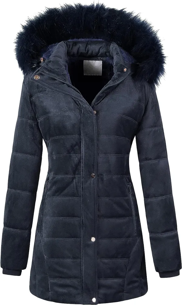 Women's Warm Winter Coat Velvet Puffer Jacket Quilted Faux Fur Hood