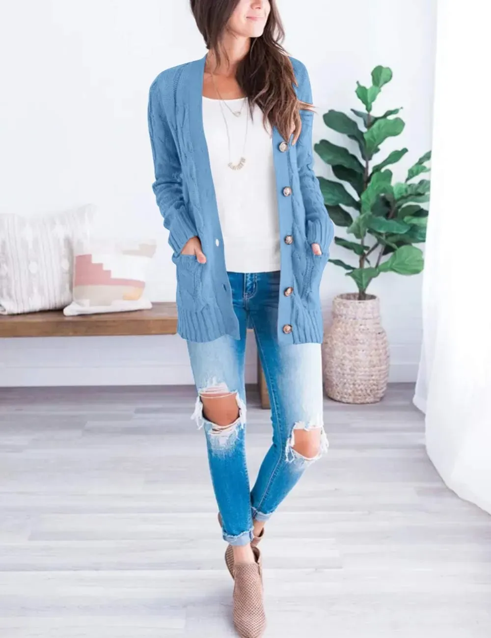 MEROKEETY Women's 2024 Fall Long Sleeve Cable Knit Sweater Open Front Cardigan Button Loose Outerwear