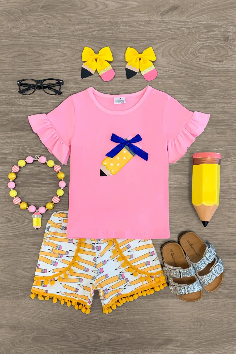 Pink & Yellow Pencil Pom Pom Short Set