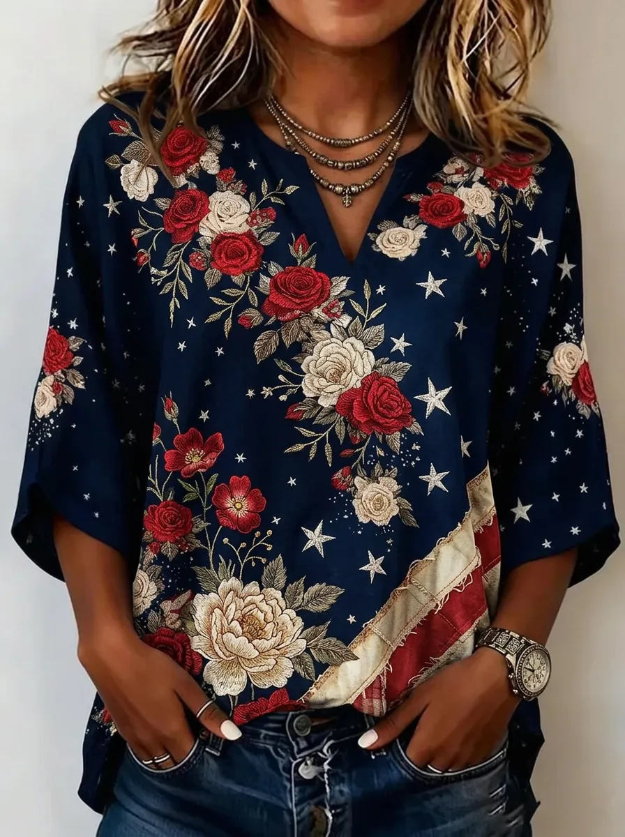 Women's Nashville Floral Star Printed V-Neck Top