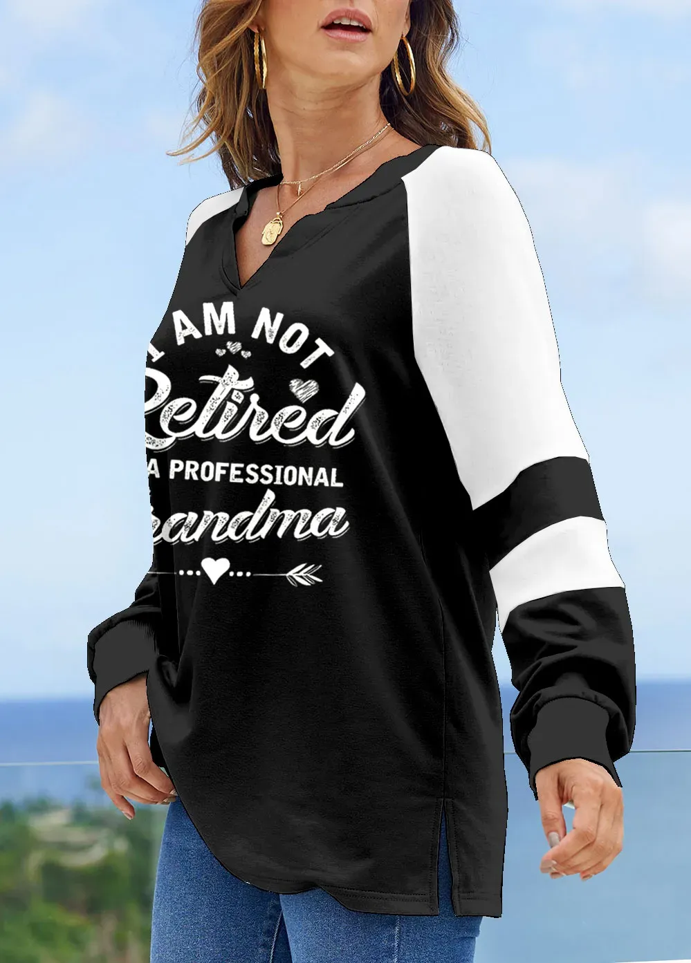 Long Sleeve Split Neck Contrast Sweatshirt