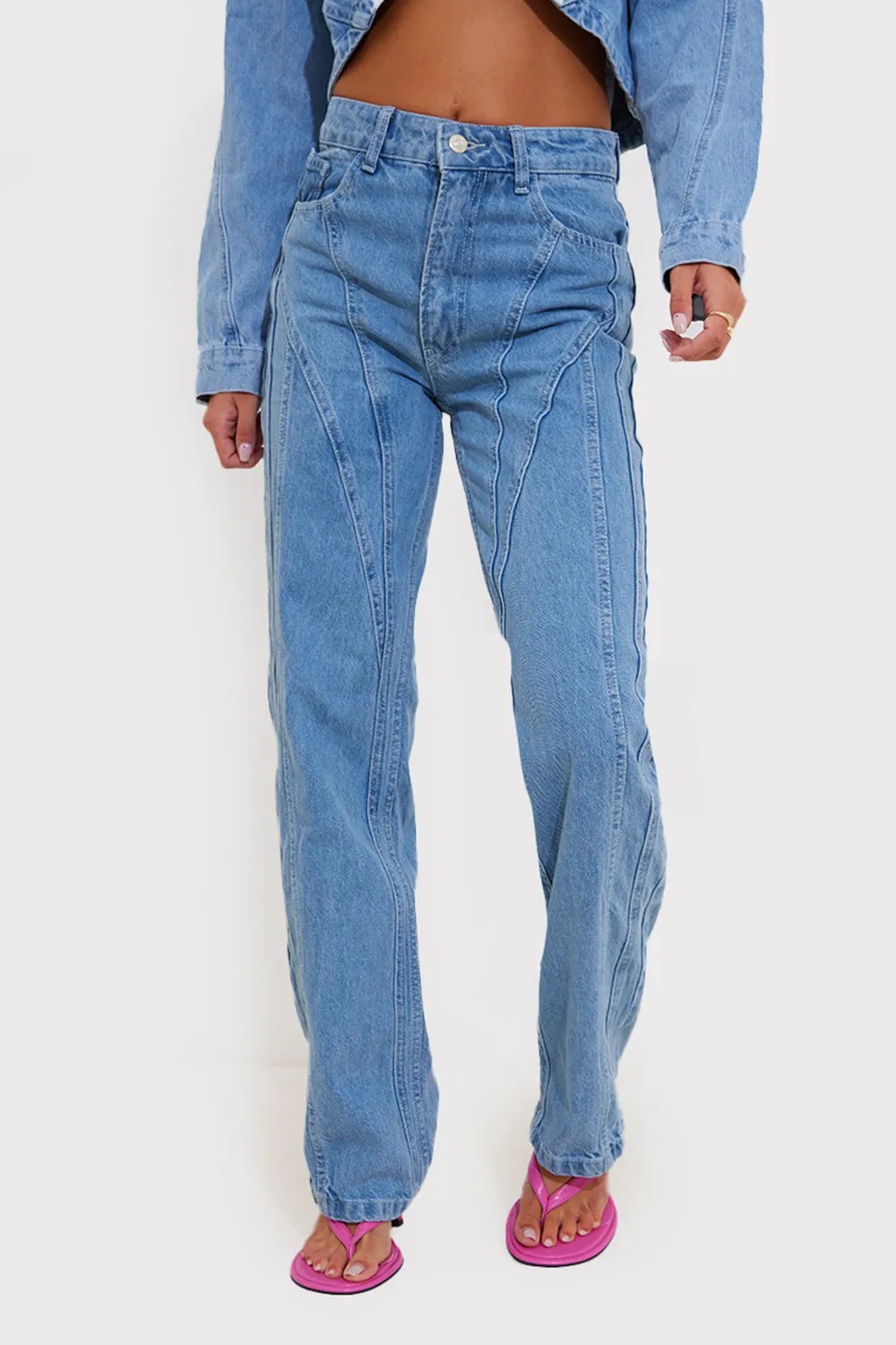 Light Blue Wash Seam Front Detail Straight Leg Denim Jeans Set