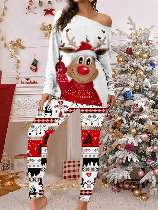 Women's Plus Size Christmas Pajamas Sets Animal Elk Fashion Comfort Soft Home Xmas Carnival Cotton Spandex Jersey Gift Long Sleeve T shirt Tee Pant Elastic Waist Fall Spring White