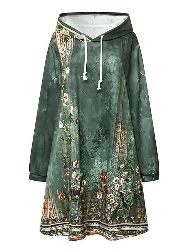 Women's Hoodie Dress Winter Dress Shift Dress Mini Dress Colorful Light Green Blue Long Sleeve Floral Print Fall Winter Autumn Hooded Vacation Vacation Fall Dress 2023 S M L XL XXL 3XL
