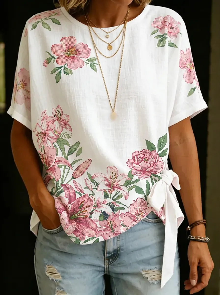 Women's Nashville Floral Lily Printed Tie-Side Top
