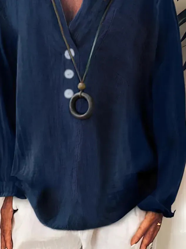 Solid Loosen Casual Cotton V Neck Top