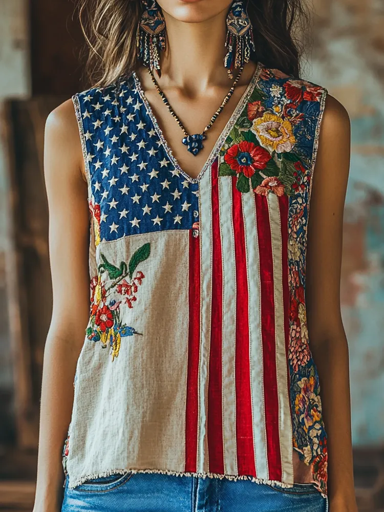 Floral American Flag Patchwork Linen Tank Top
