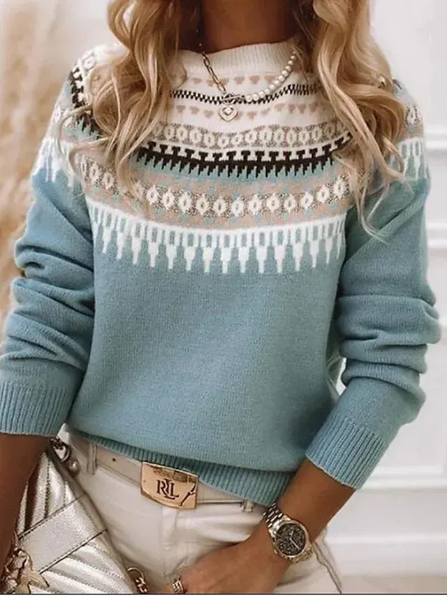 Women's Sweater Pullover Sweater Jumper Casual Soft Geometric Color Block Ribbed Crew Neck Knitted Long Sleeve Regular Tops Knit Outdoor Daily Weekend Pink Blue Fall Winter