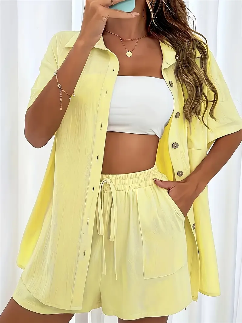 Women's Shirt and Shorts Solid Color Pocket Tie Simple Fashion Two-piece Set