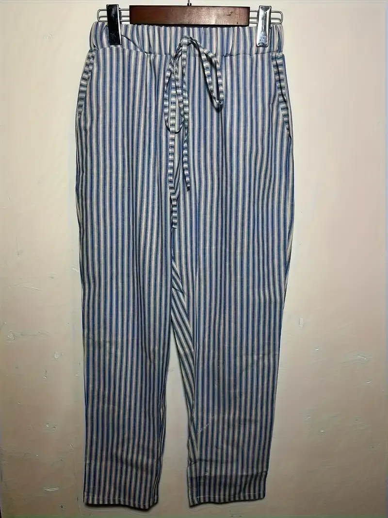 Women's Striped Wide-Leg Casual Pants - High-Waisted, Lightweight Polyester, Machine Washable, All-Season Comfort with Side Stripe Detail