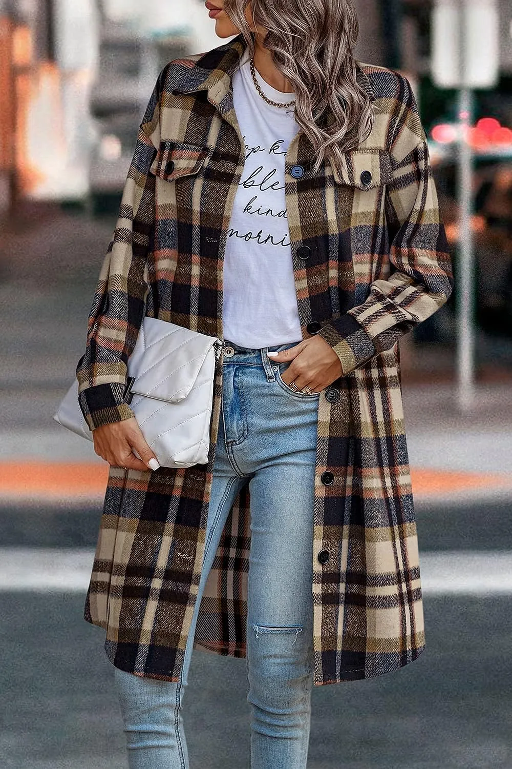 Women's Plaid Shacket 2023 Long Sleeve Button Up Flannel Shirt Winter Tartan Jacket Woolen Coats