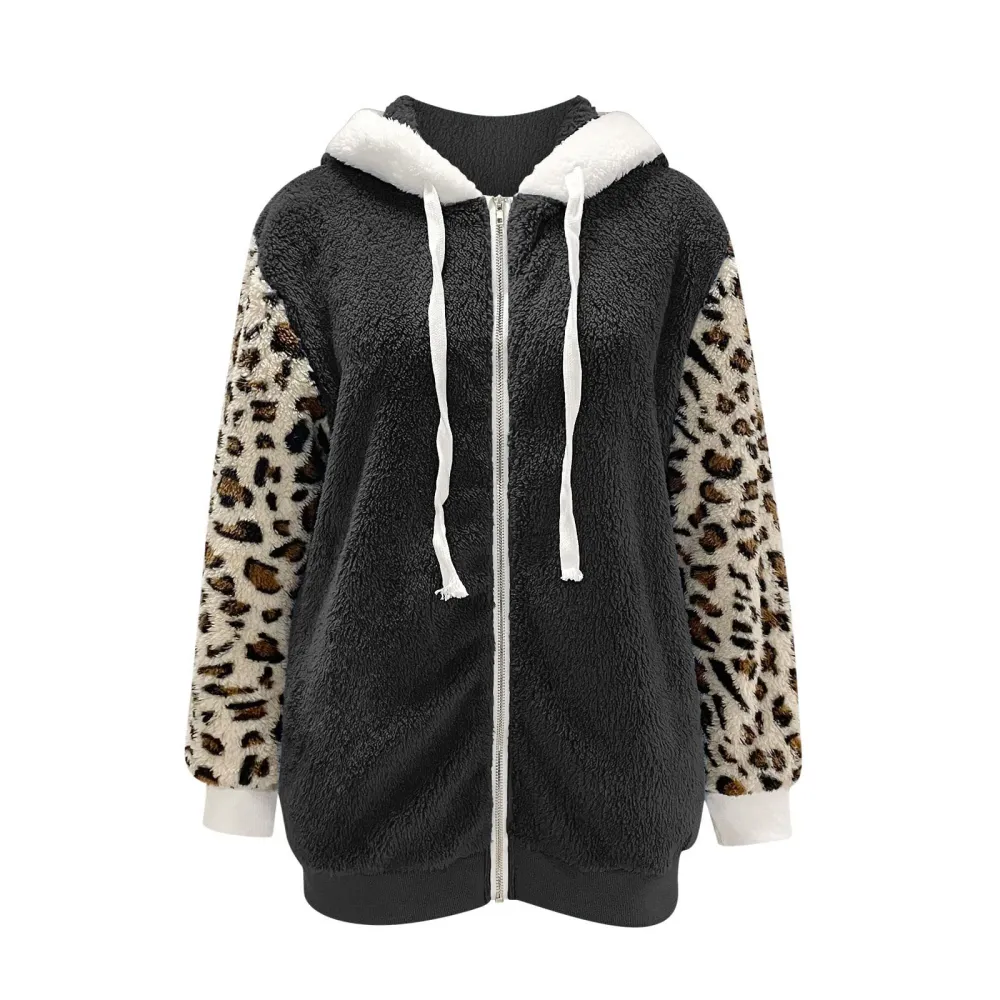 Casual Oversized Leopard-Painted Lambsool Hooded Coat