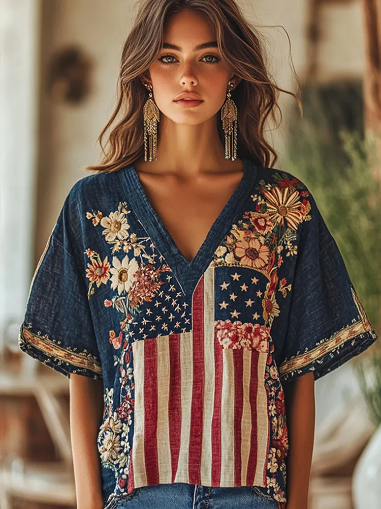 Women's Vintage Independence Day Flag Floral Embroidery Print V-neck Short Sleeve Linen Blend T-shirt