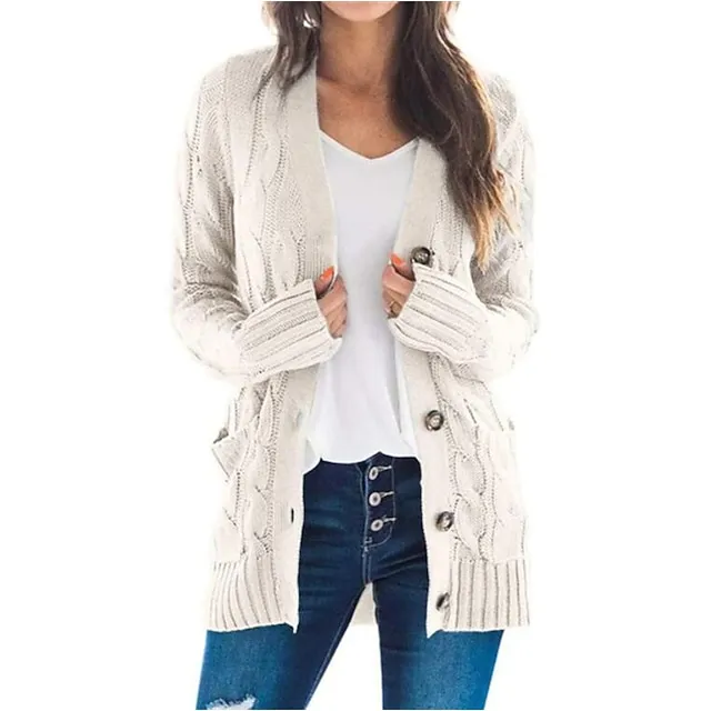 Women's Cardigan Pocket Knitted Button Solid Color Casual Chunky Long Sleeves